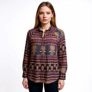 RD Koko Boho Metallic Floral Peasant Blouse Gray Black Rust Gold L – Chic